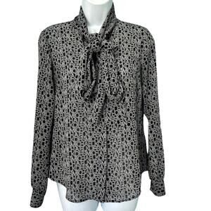 Michael Kors Black White Lettering Viscose Blend Tie-Neck Blouse size XS *GOOD*